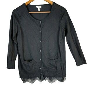 Joie Black Cardigan Sweater Womens Small Lace Trim Pockets Wool Blend Office